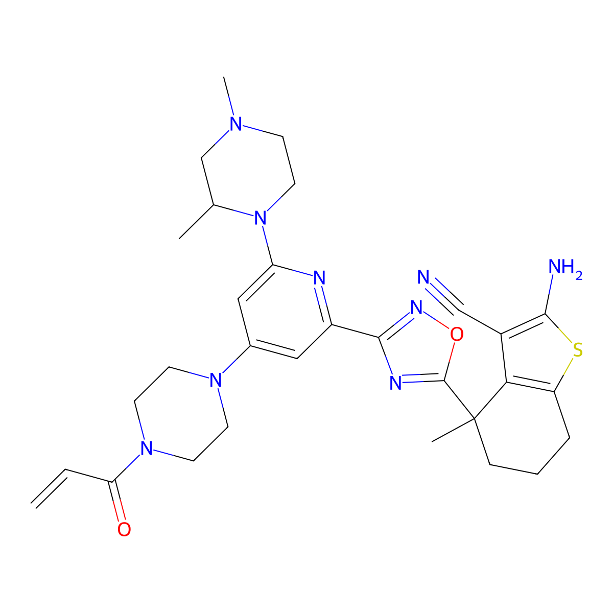 (S)-4-(3-(4-(4-Acryloylpiperazin-1-yl)-6-((S)-2,4-dimethylpiperazin-1-yl)pyridin-2-yl)-1,2,4-oxadiazol-5-yl)-2-amino-4-methyl-4,5,6,7-tetrahydrobenzo[b]thiophene-3-carbonitrile molecular structure, CAS 2750570-55-7