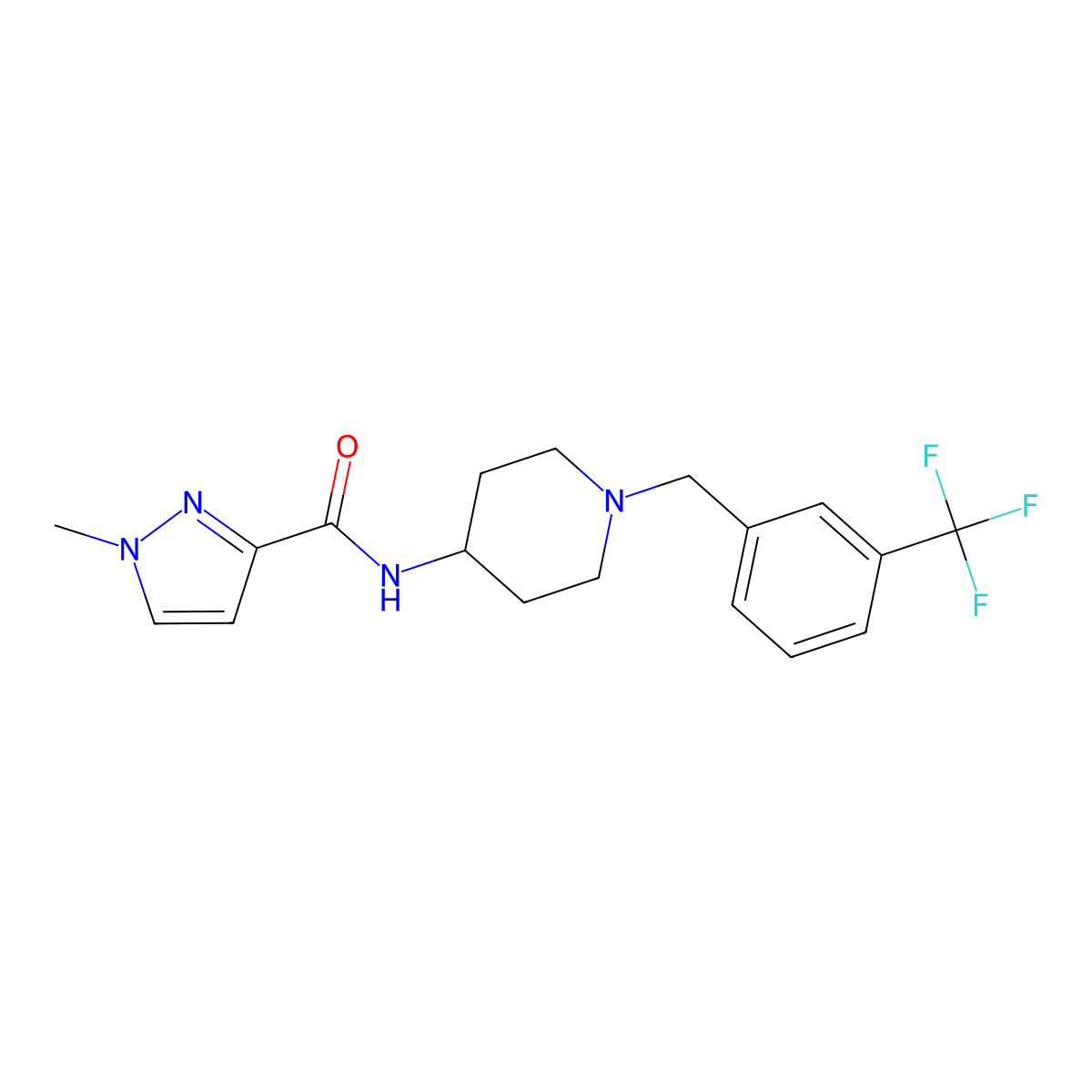 1-methyl-N-(1-{[3-(trifluoromethyl)phenyl]methyl}piperidin-4-yl)-1H-pyrazole-3-carboxamide molecular structure, CAS 2751407-00-6