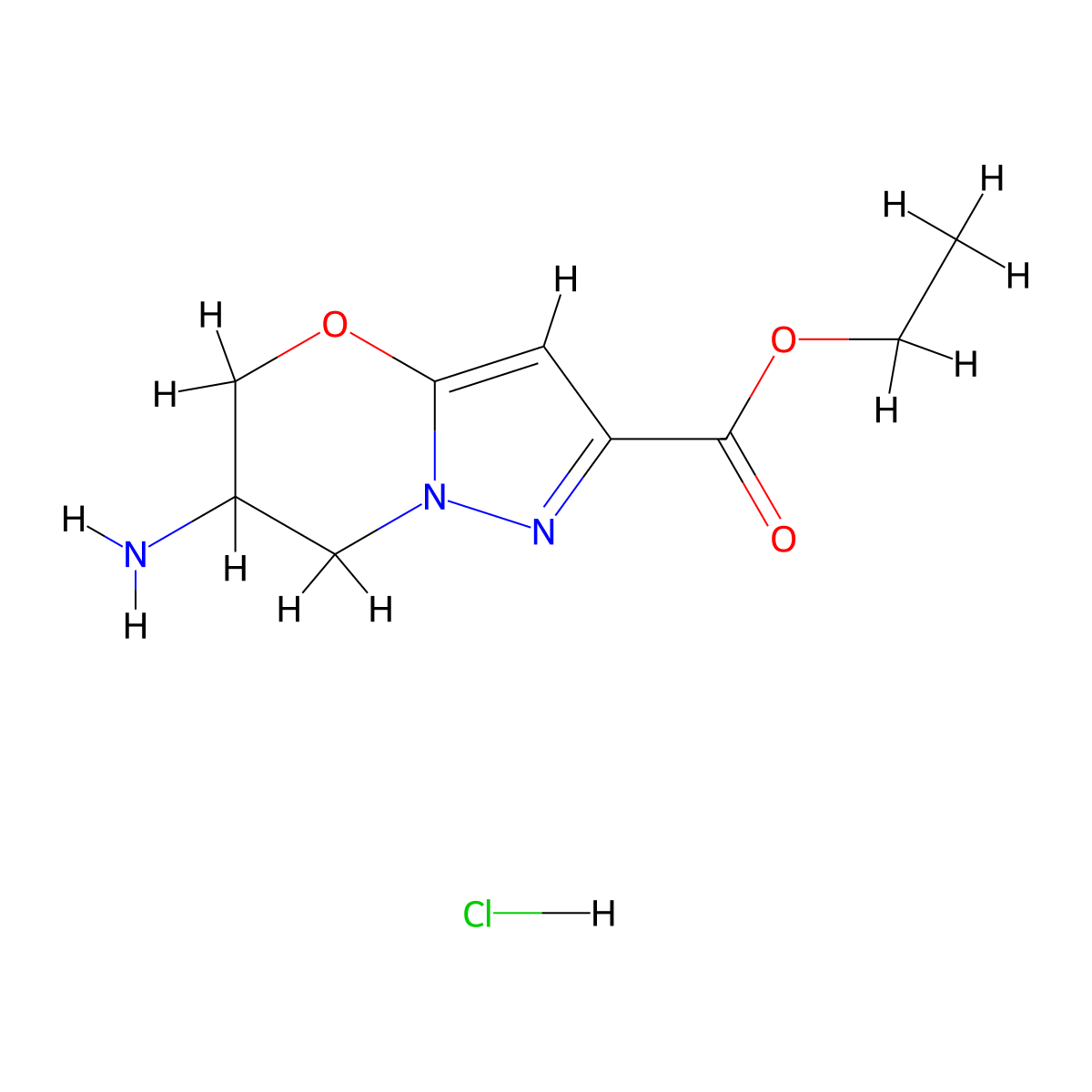 ethyl 6-amino-5H,6H,7H-pyrazolo(3,2-b)(1,3)oxazine-2-carboxylate hydrochloride molecular structure, CAS 2751614-44-3