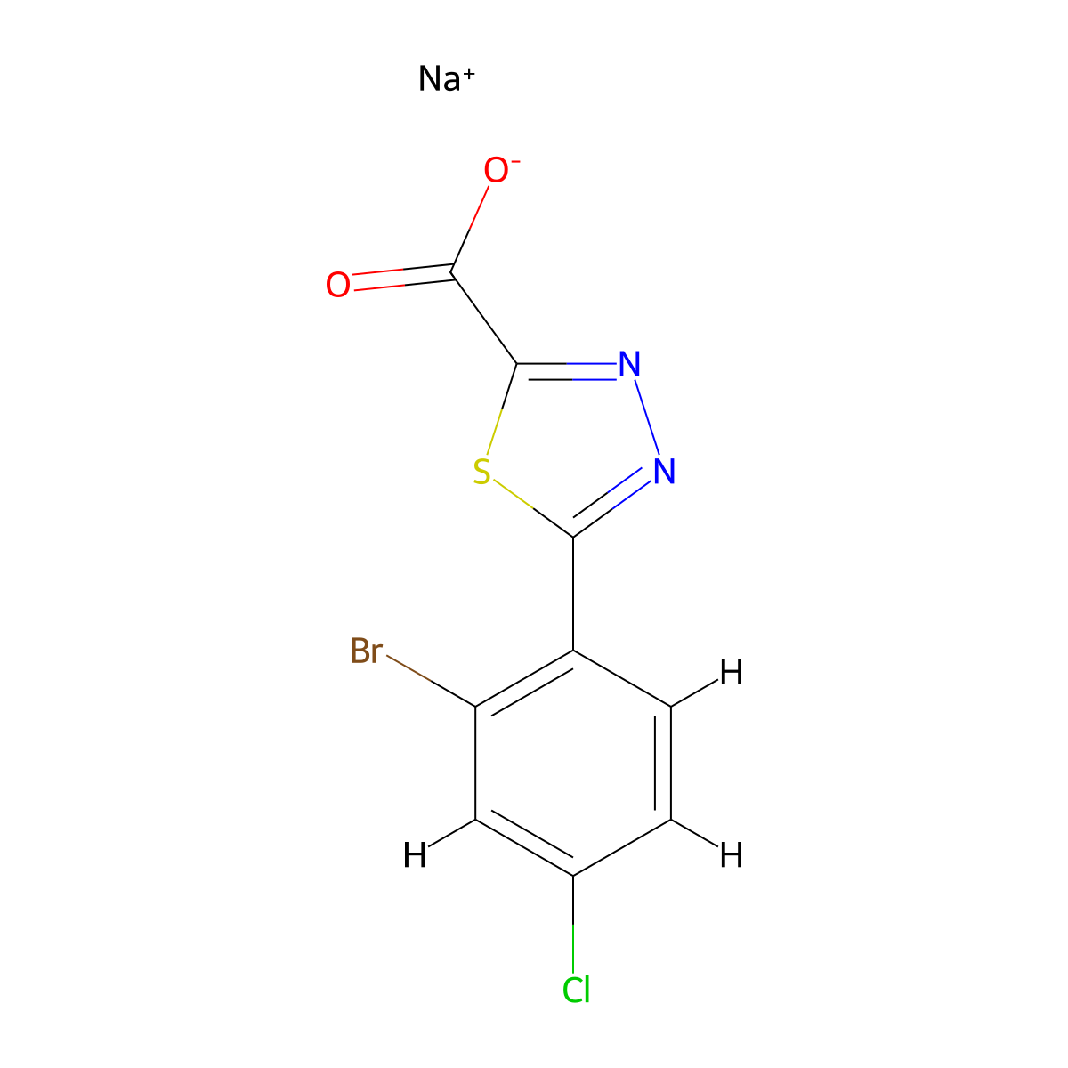 Sodium 5-(2-bromo-4-chlorophenyl)-1,3,4-thiadiazole-2-carboxylate molecular structure, CAS 2751620-34-3