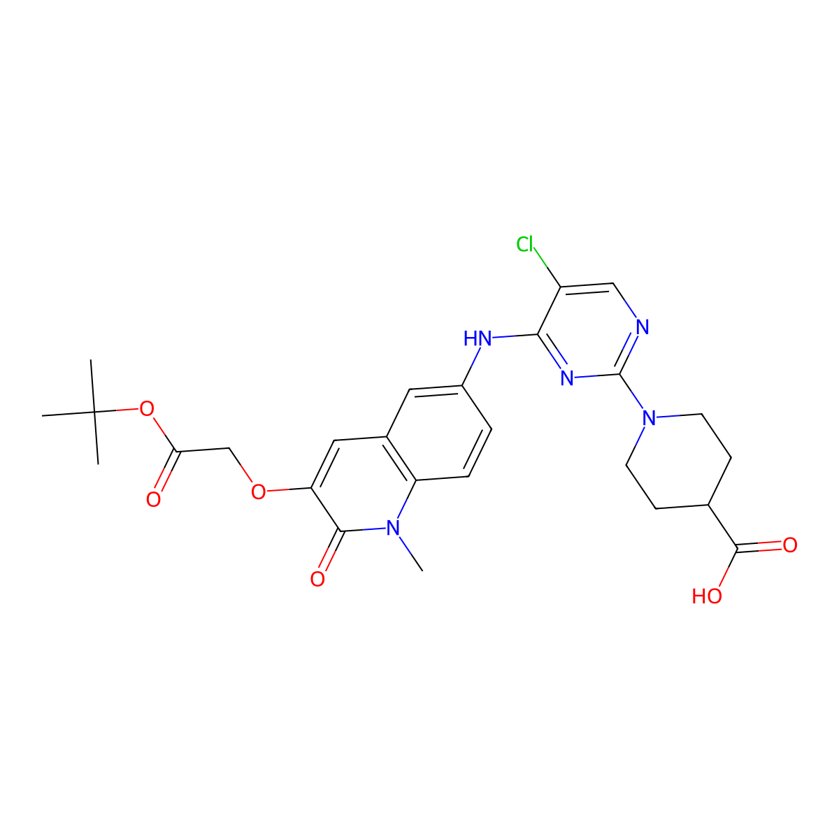 1-[4-({3-[2-(Tert-butoxy)-2-oxoethoxy]-1-methyl-2-oxo-1,2-dihydroquinolin-6-yl}amino)-5-chloropyrimidin-2-yl]piperidine-4-carboxylic acid molecular structure, CAS 2751704-01-3