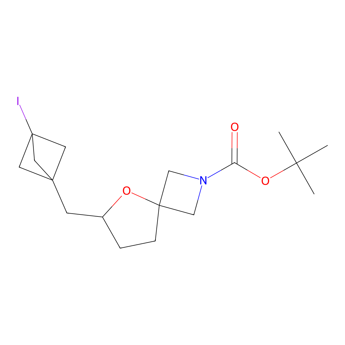 Tert-butyl 6-({3-iodobicyclo[1.1.1]pentan-1-yl}methyl)-5-oxa-2-azaspiro[3.4]octane-2-carboxylate molecular structure, CAS 2751704-27-3