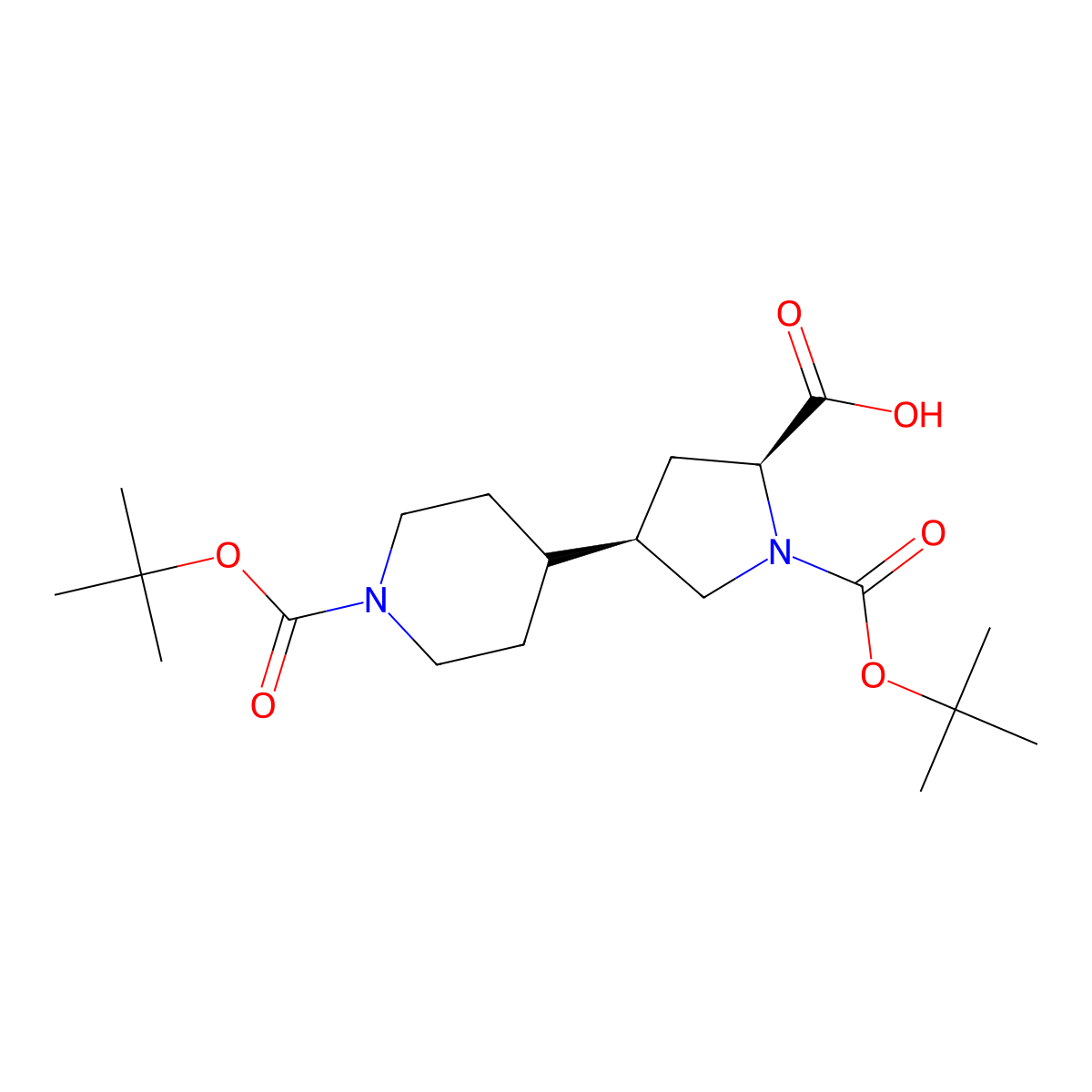 rac-(2R,4S)-1-[(tert-butoxy)carbonyl]-4-{1-[(tert-butoxy)carbonyl]piperidin-4-yl}pyrrolidine-2-carboxylic acid molecular structure, CAS 2751760-56-0