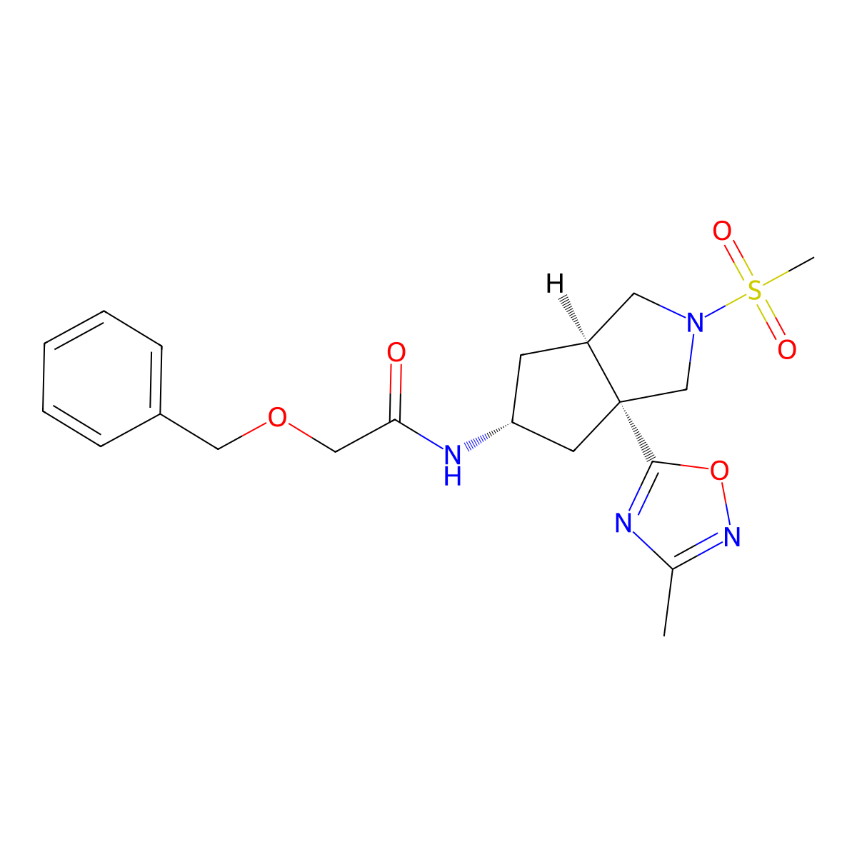 Rel-2-(benzyloxy)-N-[(3AR,5R,6AR)-3A-(3-methyl-1,2,4-oxadiazol-5-YL)-2-(methylsulfonyl)octahydrocyclopenta[C]pyrrol-5-YL]acetamide molecular structure, CAS 2751787-35-4