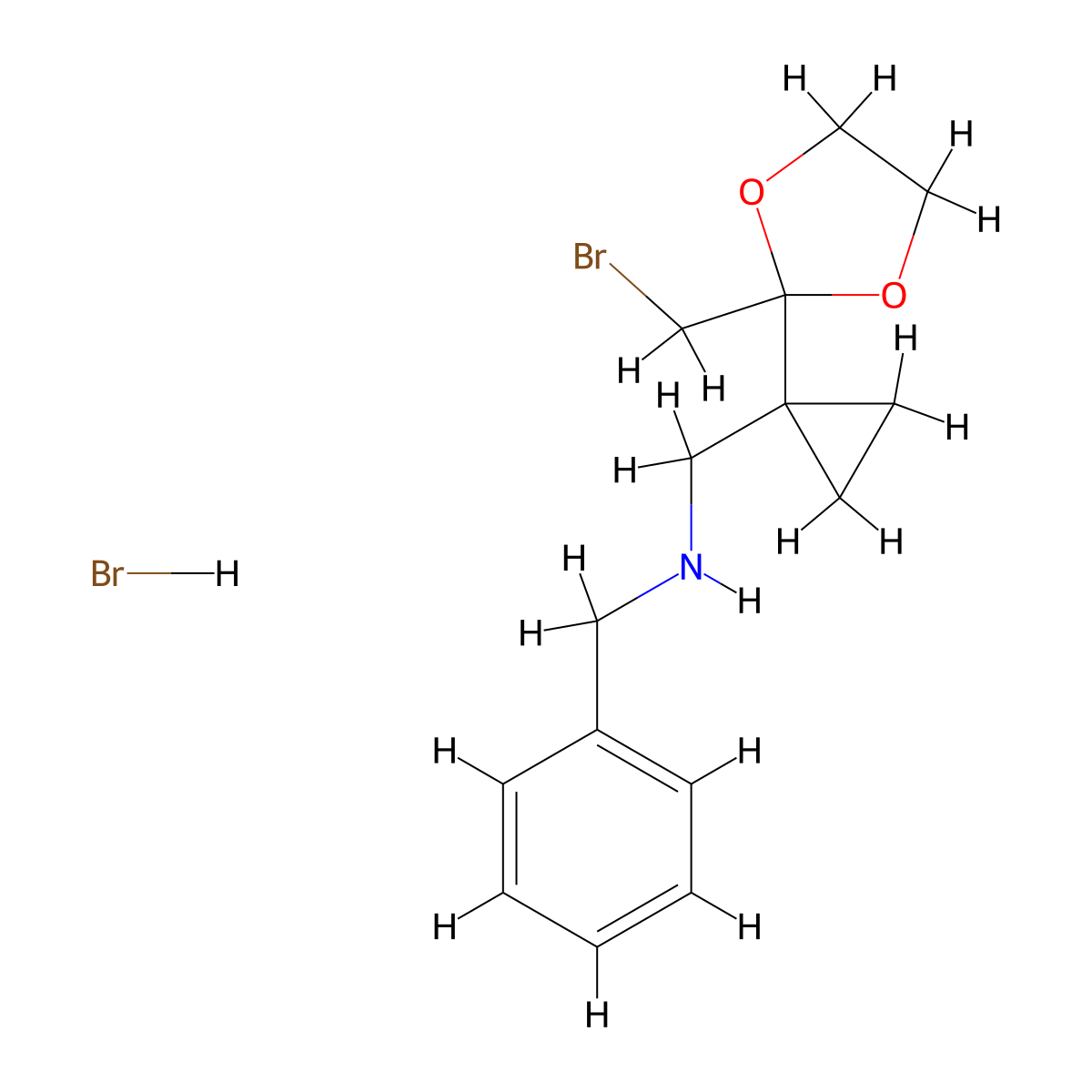 N-benzyl-1-(1-(2-(bromomethyl)-1,3-dioxolan-2-yl)cyclopropyl)methanamine hydrobromide molecular structure, CAS 2753076-84-3