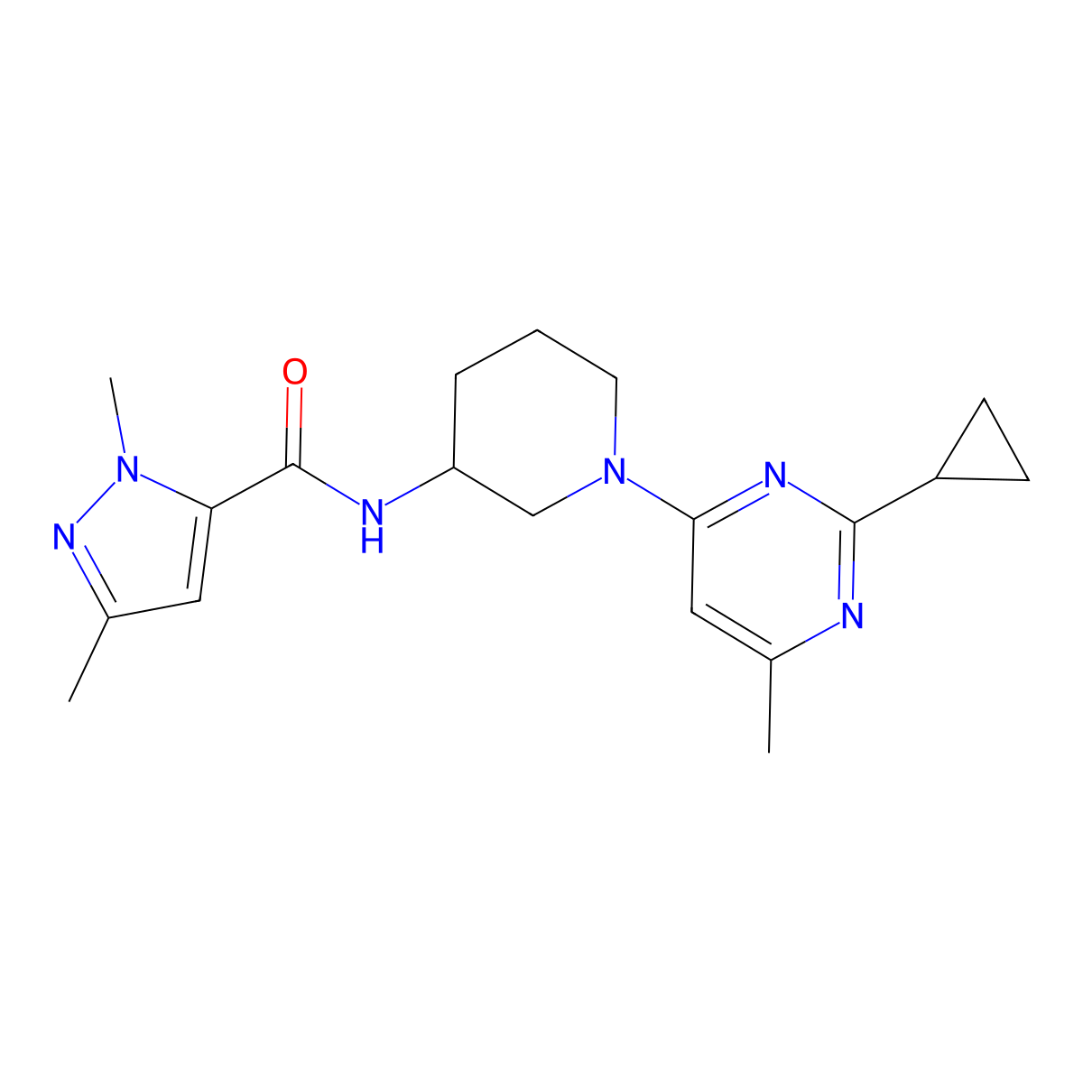 N-[1-(2-cyclopropyl-6-methylpyrimidin-4-yl)piperidin-3-yl]-1,3-dimethyl-1H-pyrazole-5-carboxamide molecular structure, CAS 2753169-15-0