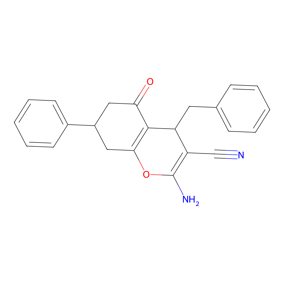 2-Amino-4-benzyl-5-oxo-7-phenyl-5,6,7,8-tetrahydro-4H-chromene-3-carbonitrile molecular structure, CAS 275360-62-8