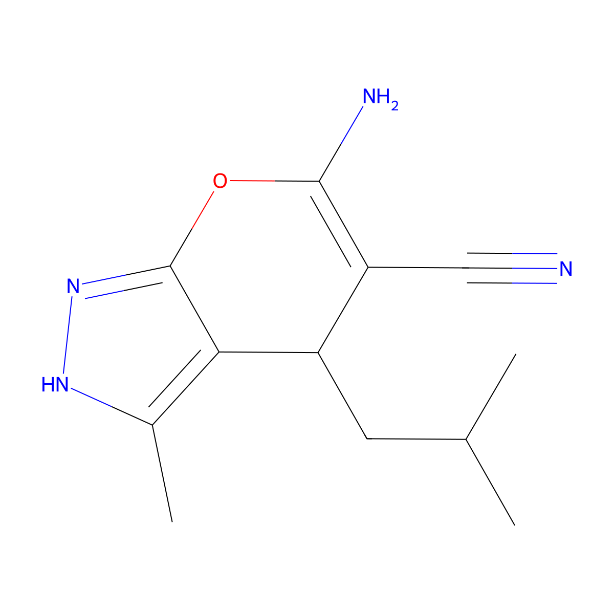 6-Amino-3-methyl-4-(2-methylpropyl)-2,4-dihydropyrano[2,3-c]pyrazole-5-carbonitrile molecular structure, CAS 275360-71-9
