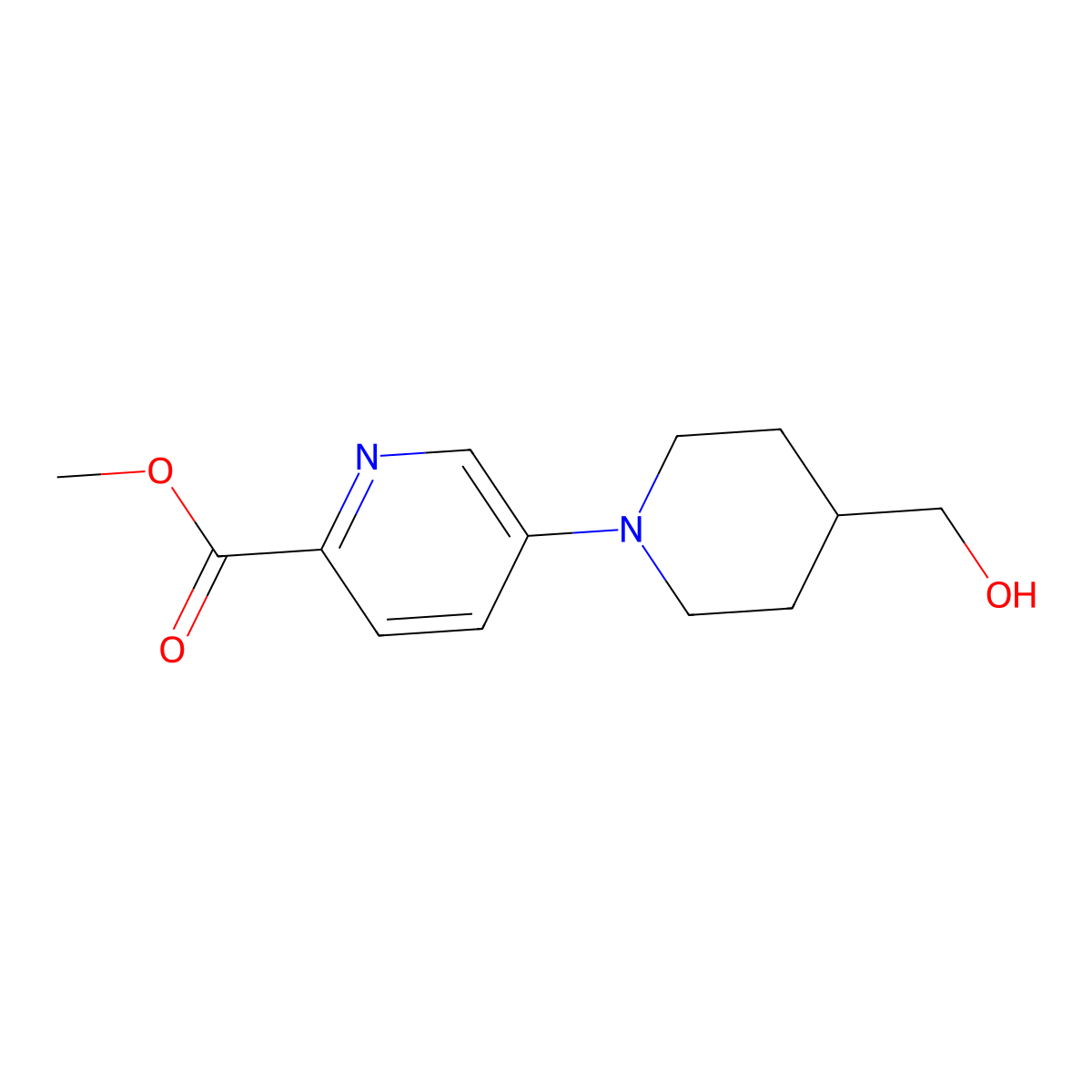 Methyl 5-[4-(hydroxymethyl)-1-piperidyl]picolinate molecular structure, CAS 2753651-38-4