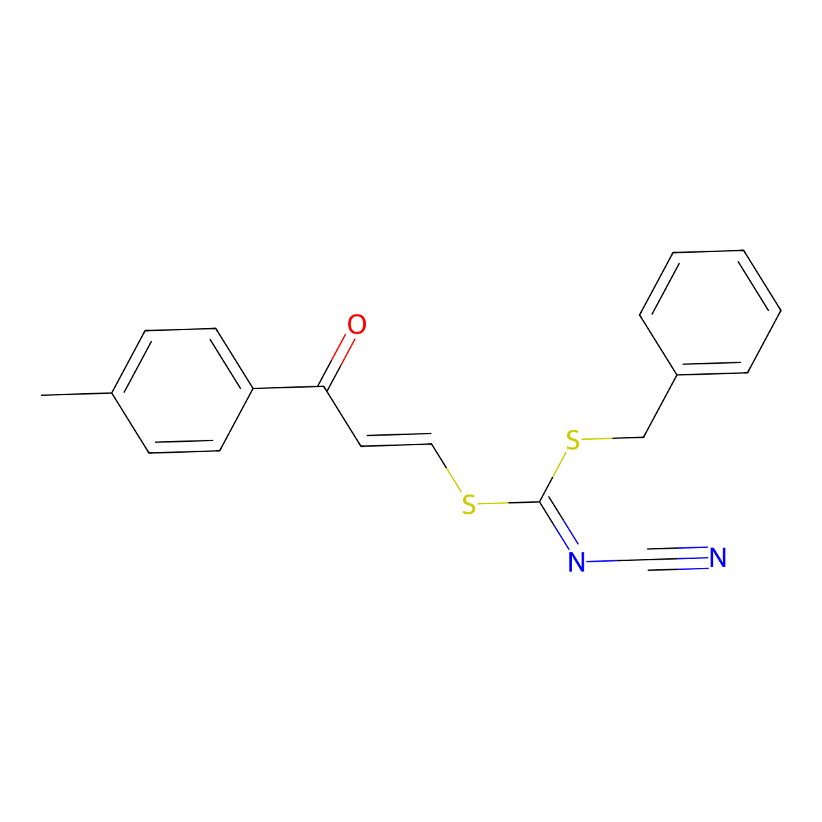 [Benzylsulfanyl-[3-(4-methylphenyl)-3-oxoprop-1-enyl]sulfanylmethylidene]cyanamide molecular structure, CAS 275370-80-4