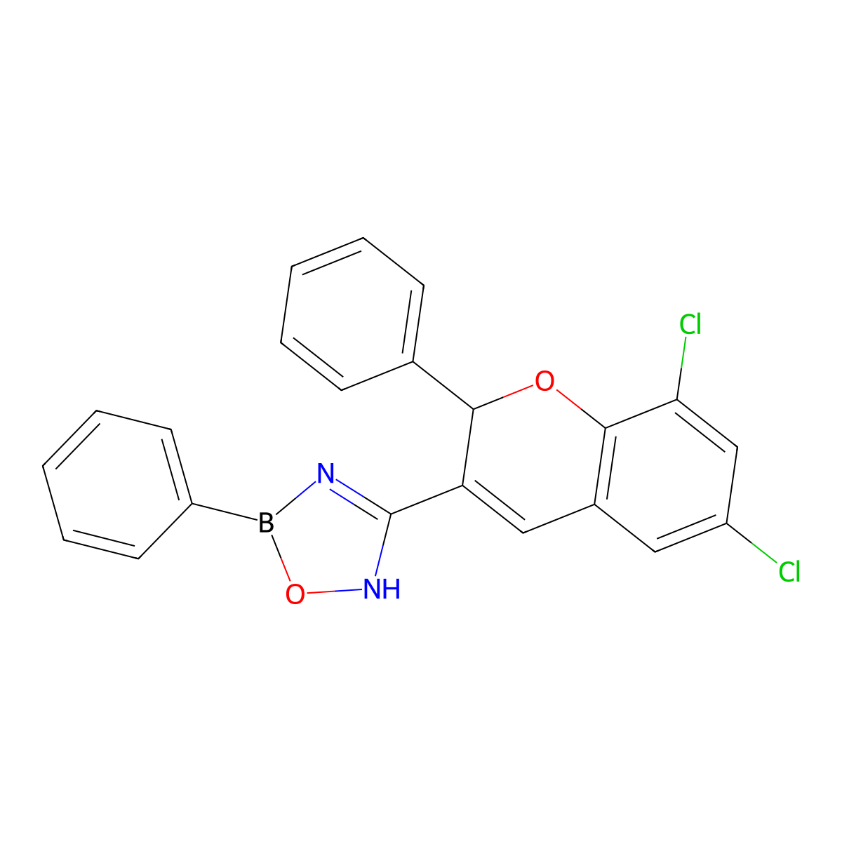 4-(6,8-dichloro-2-phenyl-2H-chromen-3-yl)-2-phenyl-5H-1,3,5,2-oxadiazaborole molecular structure, CAS 2755180-37-9