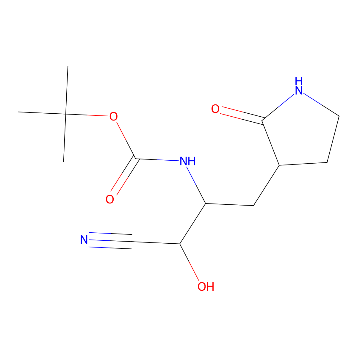 tert-Butyl ((2S)-1-cyano-1-hydroxy-3-((S)-2-oxopyrrolidin-3-yl)propan-2-yl)carbamate molecular structure, CAS 2755780-15-3