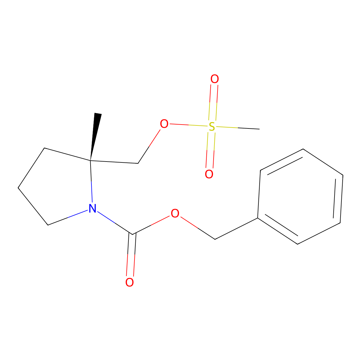 Benzyl (2R)-2-[(methanesulfonyloxy)methyl]-2-methylpyrrolidine-1-carboxylate molecular structure, CAS 2756104-03-5