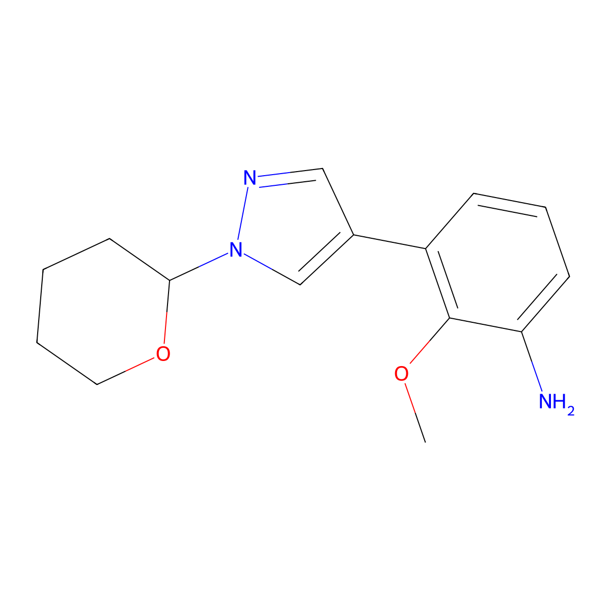 2-Methoxy-3-(1-(tetrahydro-2H-pyran-2-yl)-1H-pyrazol-4-yl)aniline molecular structure, CAS 2756111-86-9