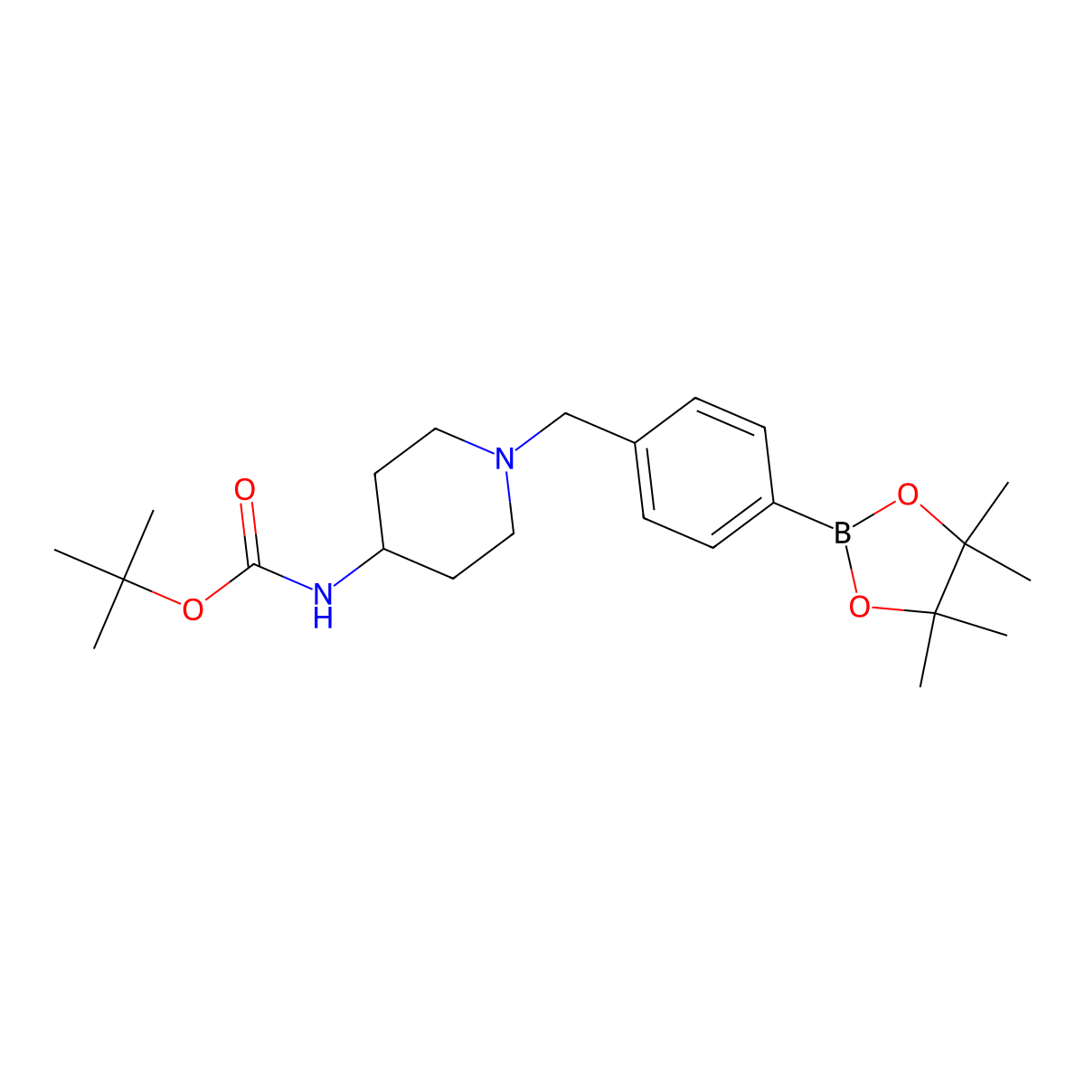 Tert-butyl (1-(4-(4,4,5,5-tetramethyl-1,3,2-dioxaborolan-2-yl)benzyl)piperidin-4-yl)carbamate molecular structure, CAS 2756317-78-7