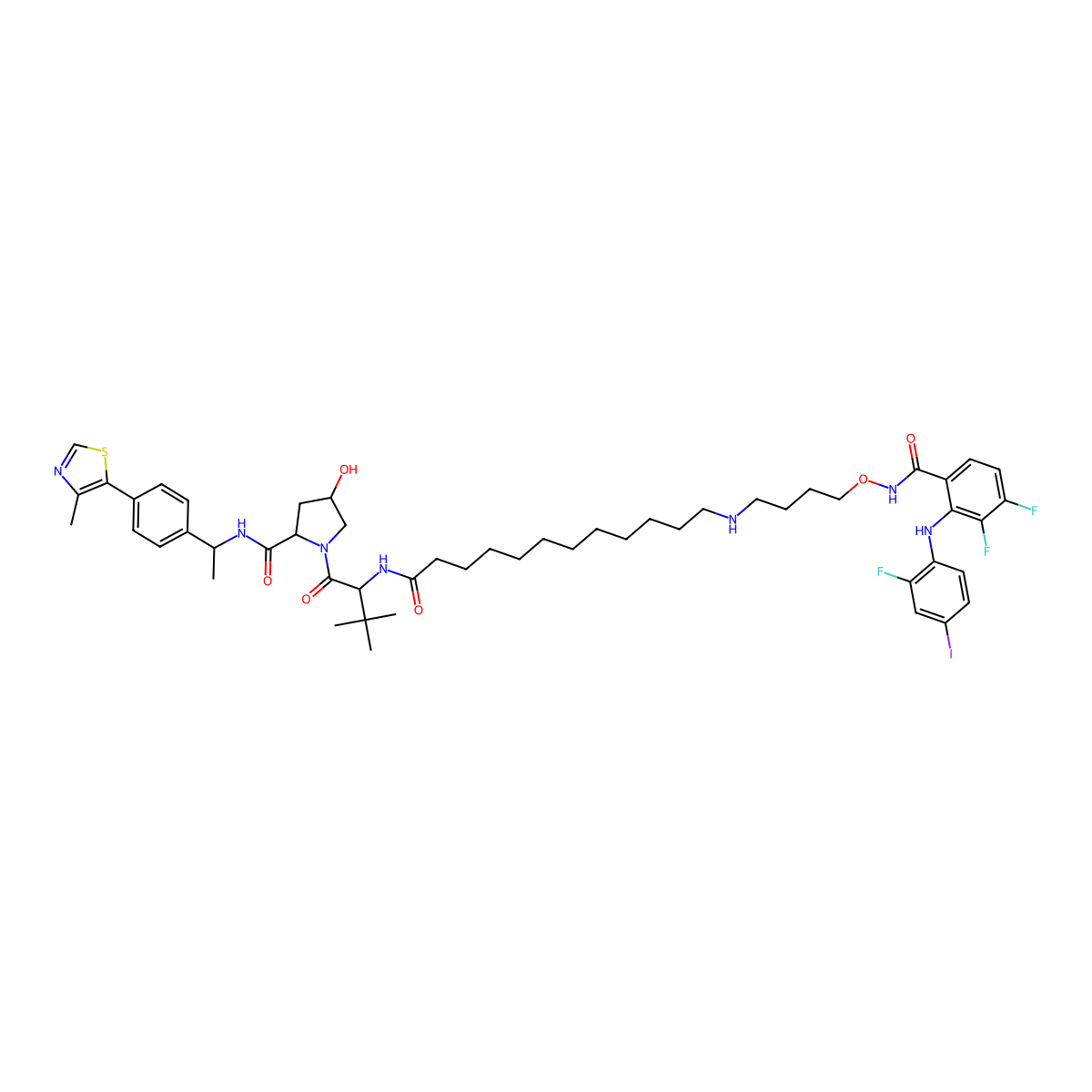 (2S,4R)-1-((S)-22-(tert-Butyl)-1-(3,4-difluoro-2-((2-fluoro-4-iodophenyl)amino)phenyl)-1,20-dioxo-3-oxa-2,8,21-triazatricosan-23-oyl)-4-hydroxy-N-((S)-1-(4-(4-methylthiazol-5-yl)phenyl)ethyl)pyrrolidine-2-carboxamide molecular structure, CAS 2756323-15-4