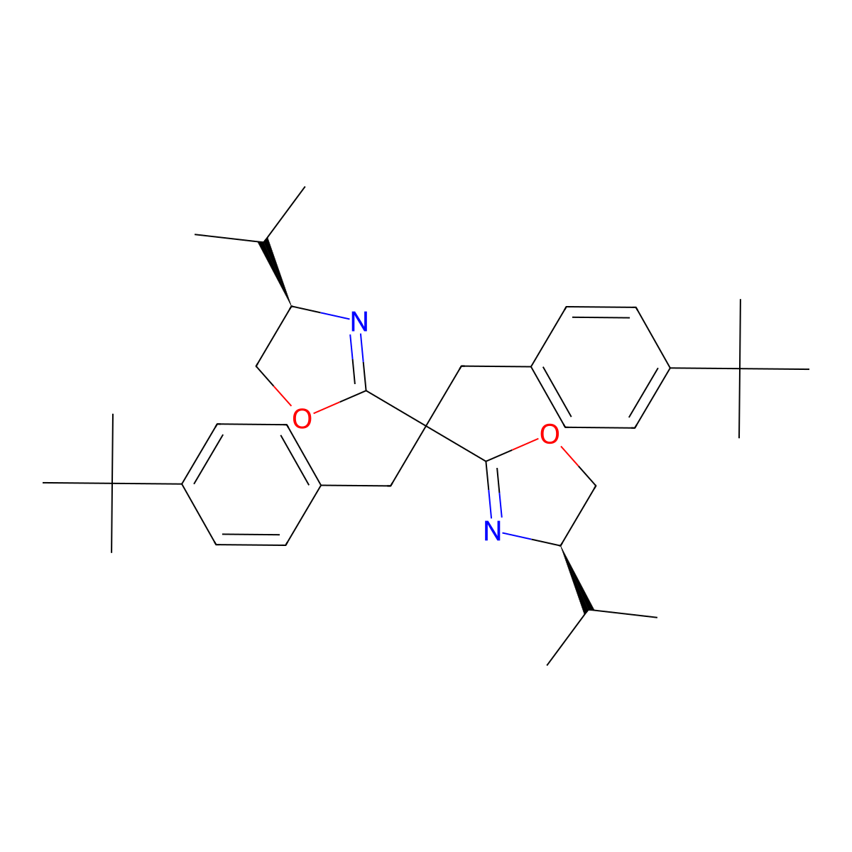(4R,4'R)-2,2'-(1,3-Bis(4-(tert-butyl)phenyl)propane-2,2-diyl)bis(4-isopropyl-4,5-dihydrooxazole) molecular structure, CAS 2757082-34-9
