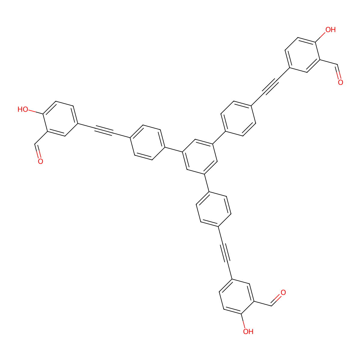 5,5'-((5'-(4-((3-Formyl-4-hydroxyphenyl)ethynyl)phenyl)-[1,1':3',1''-terphenyl]-4,4''-diyl)bis(ethyne-2,1-diyl))bis(2-hydroxybenzaldehyde) molecular structure, CAS 2757082-49-6