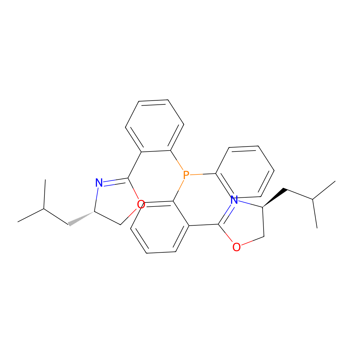 (4S,4'S)-2,2'-((Phenylphosphinediyl)bis(2,1-phenylene))bis(4-isobutyl-4,5-dihydrooxazole) , (S,S)-PhP(Ox-iBu)2 molecular structure, CAS 2757083-14-8