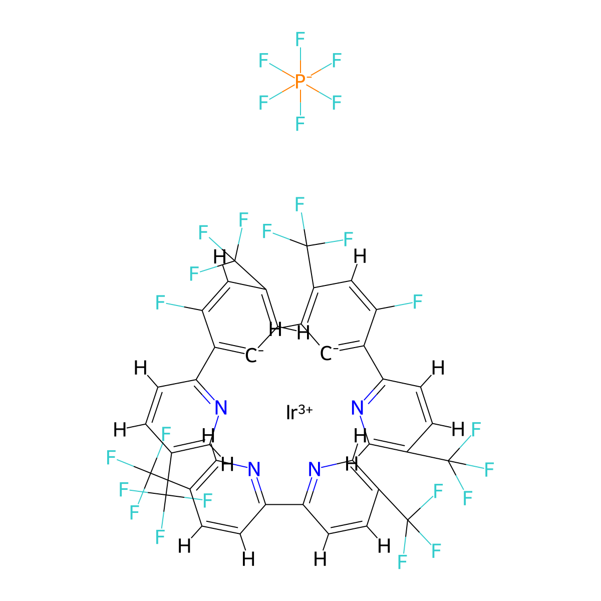 (OC-6-33)-[5,5′-Bis(trifluoromethyl)-2,2′-bipyridine-κN1,κN1′]bis[3-fluoro-5-(trifluoromethyl)-2-[5-(trifluoromethyl)-2-pyridinyl-κN]phenyl-κC]-iridium(1+) hexafluorophosphate(1-) molecular structure, CAS 2757085-11-1