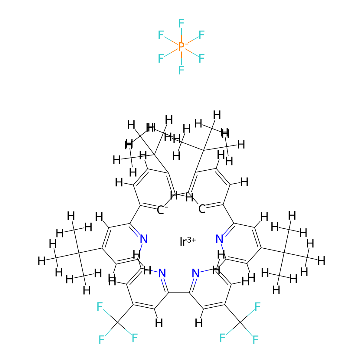 (OC-6-33)-[4,4′-bis(trifluoromethyl)-2,2′-bipyridine-κN1,κN1′]bis[5-(1,1-dimethylethyl)-2-[4-(1,1-dimethylethyl)-2-pyridinyl-κN]phenyl-κC]-Iridium(1+),hexafluorophosphate(1-) (1:1) molecular structure, CAS 2757085-13-3