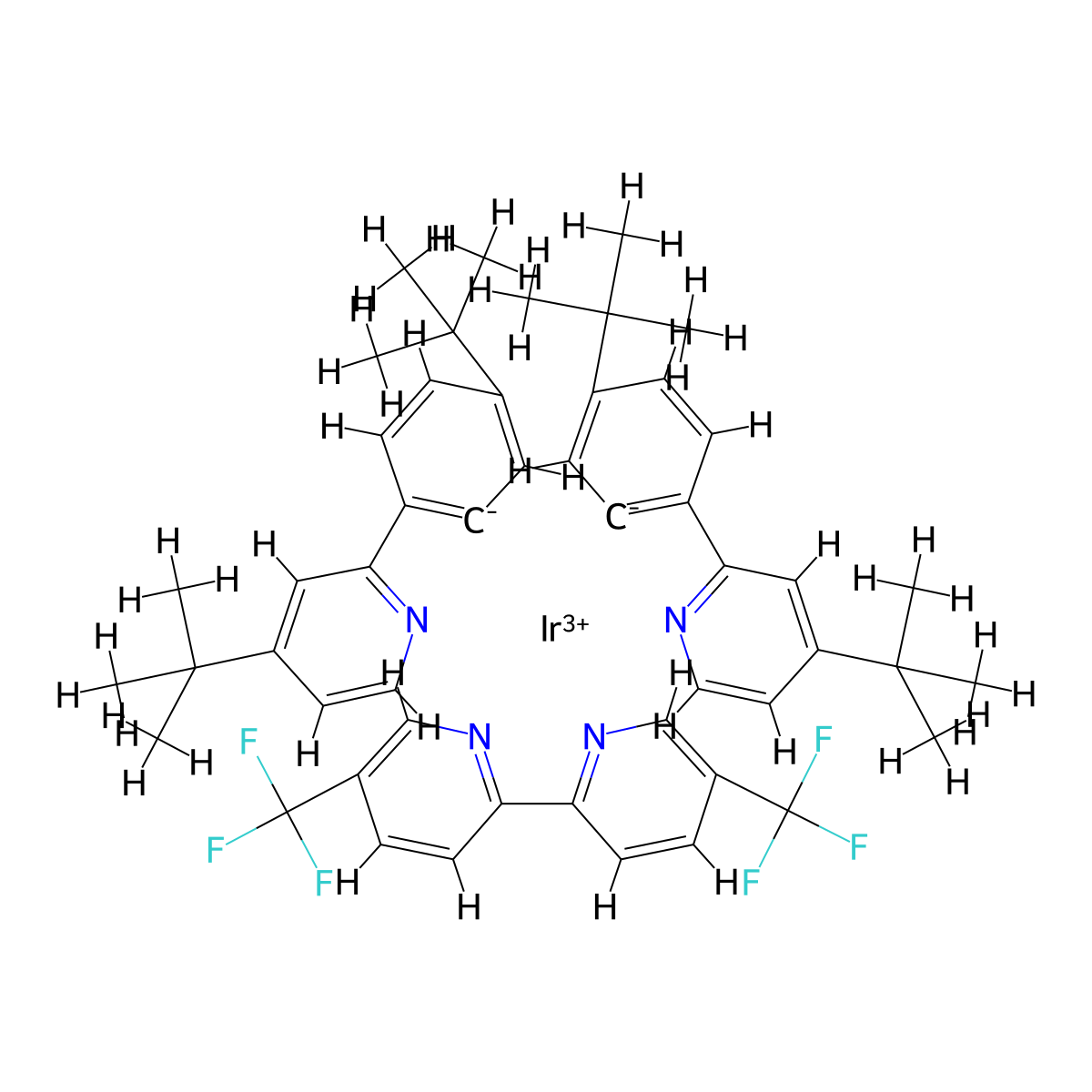 Iridium(1+), [5,5'-bis(trifluoromethyl)-2,2'-bipyridine-κN1,κN1']bis[5-(1,1-dimethylethyl)-2-[4-(1,1-dimethylethyl)-2-pyridinyl-κN]phenyl-κC]-, (OC-6-33)-, hexafluorophosphate(1-) (1:1) molecular structure, CAS 2757085-15-5