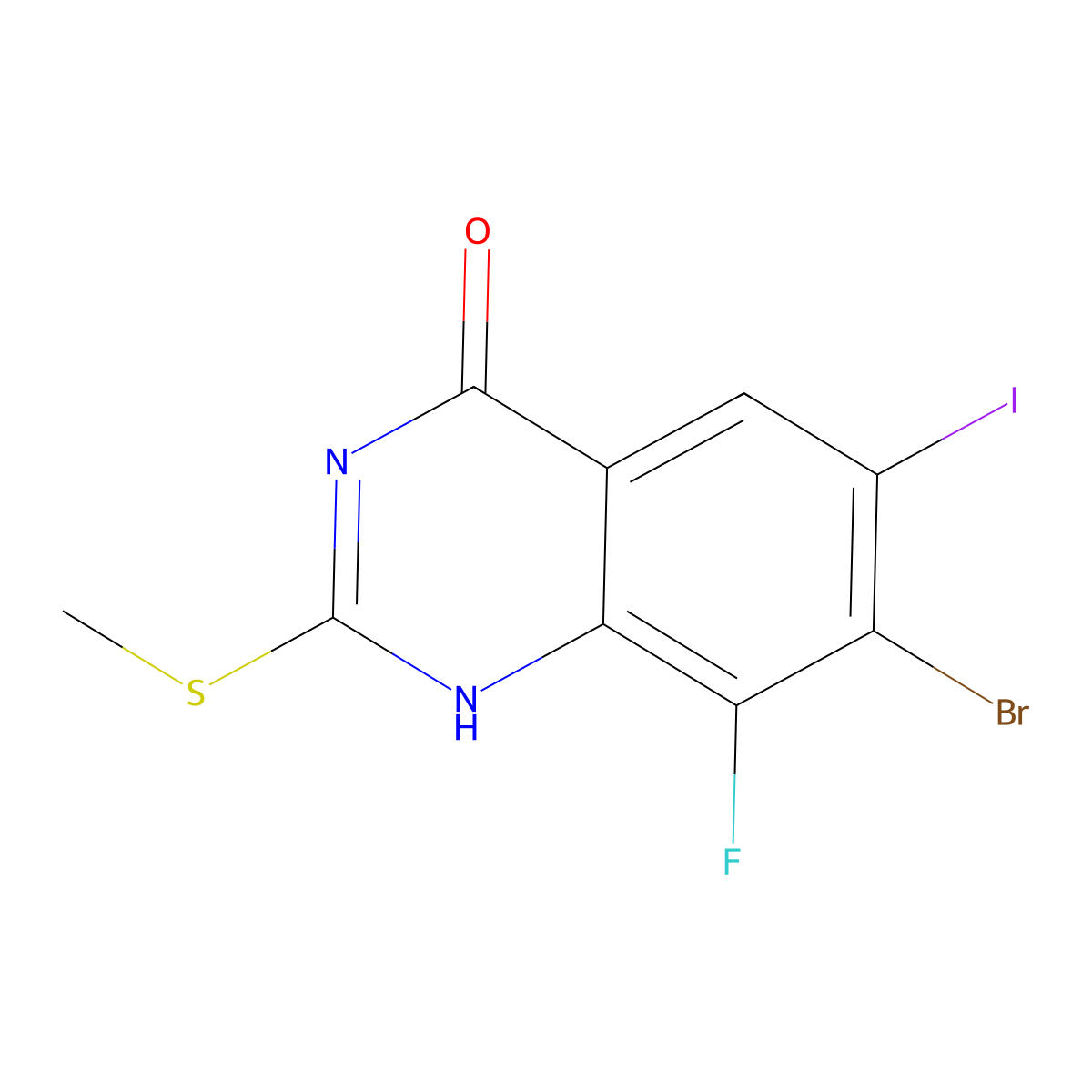 7-Bromo-8-fluoro-6-iodo-2-(methylthio)quinazolin-4(1H)-one molecular structure, CAS 2757096-60-7