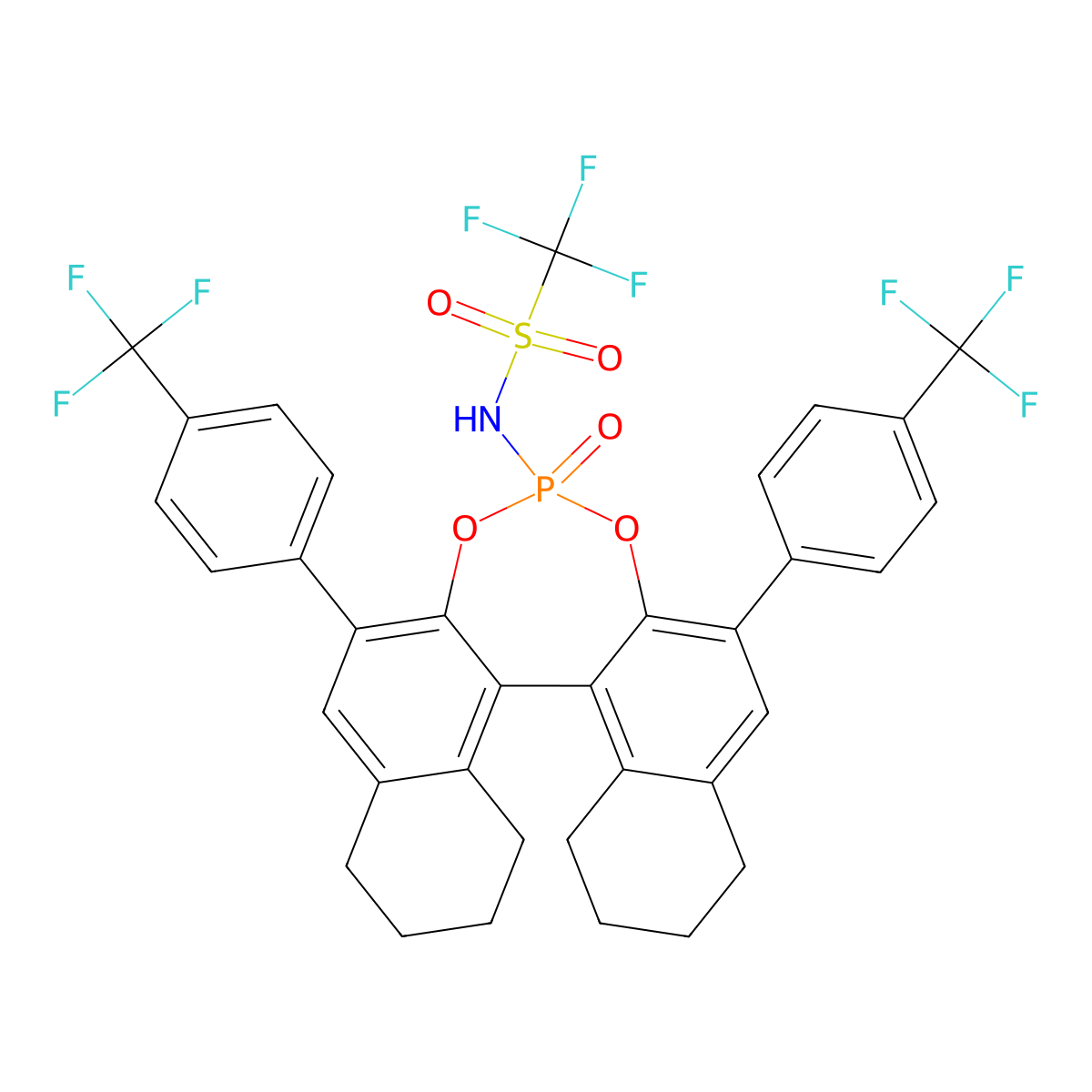 1,1,1-Trifluoro-N-((11bS)-4-oxido-2,6-bis(4-(trifluoromethyl)phenyl)-8,9,10,11,12,13,14,15-octahydrodinaphtho[2,1-d:1',2'-f][1,3,2]dioxaphosphepin-4-yl)methanesulfonamide molecular structure, CAS 2757287-57-1