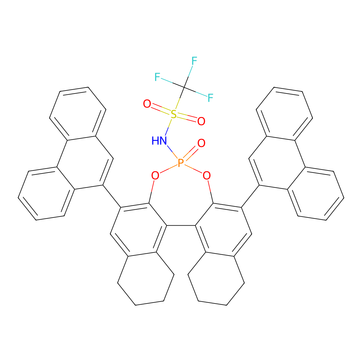 (11bR)-1,1,1-Trifluoro-N-(4-oxido-2,6-di(phenanthren-9-yl)-8,9,10,11,12,13,14,15-octahydrodinaphtho[2,1-d:1',2'-f][1,3,2]dioxaphosphepin-4-yl)methanesulfonamide molecular structure, CAS 2757287-60-6