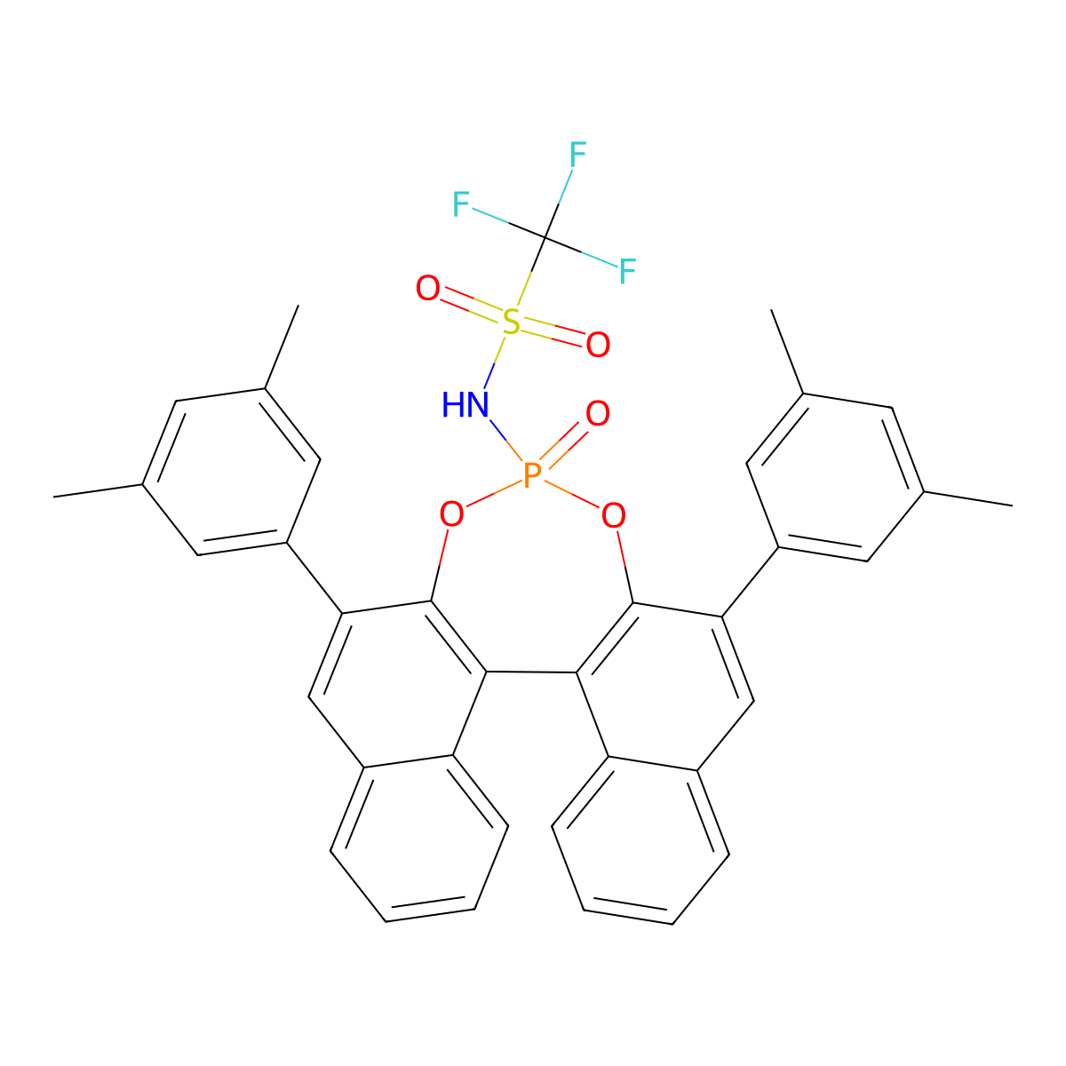 (11bR)-N-(2,6-Bis(3,5-dimethylphenyl)-4-oxidodinaphtho[2,1-d:1',2'-f][1,3,2]dioxaphosphepin-4-yl)-1,1,1-trifluoromethanesulfonamide molecular structure, CAS 2757287-63-9