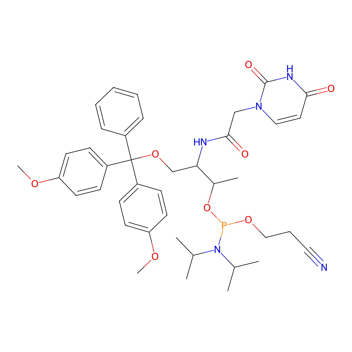(2R,3R)-4-(Bis(4-methoxyphenyl)(phenyl)methoxy)-3-(2-(2,4-dioxo-3,4-dihydropyrimidin-1(2H)-yl)acetamido)butan-2-yl (2-cyanoethyl) diisopropylphosphoramidite molecular structure, CAS 2757454-40-1