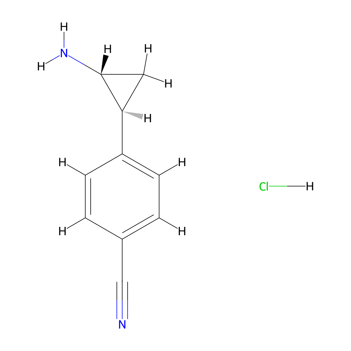 rac-4-[(1R,2S)-2-aminocyclopropyl]benzonitrilehydrochloride,trans molecular structure, CAS 2757691-29-3