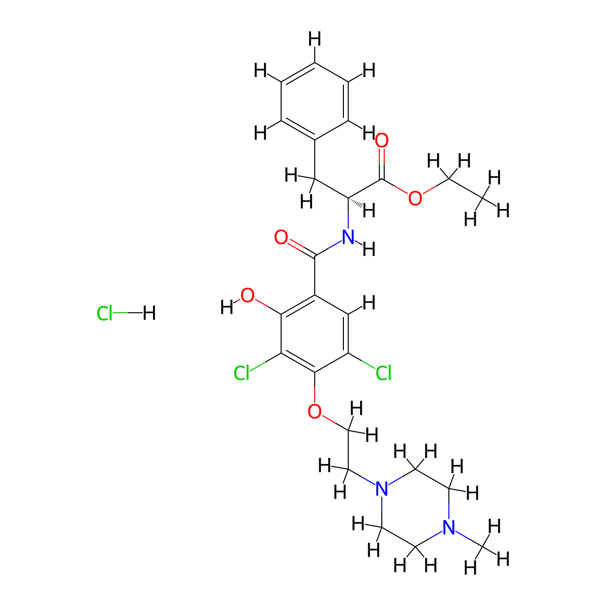 (S)-Ethyl 2-(3,5-dichloro-2-hydroxy-4-(2-(4-methylpiperazin-1-yl)ethoxy)benzamido)-3-phenylpropanoate hydrochloride molecular structure, CAS 2757697-75-7