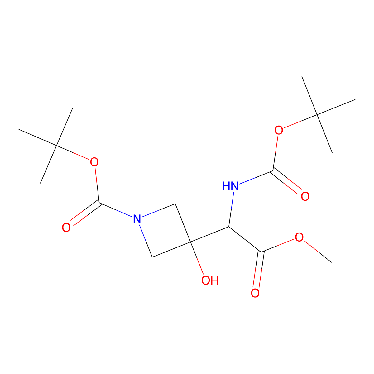 Tert-butyl 3-(1-{[(tert-butoxy)carbonyl]amino}-2-methoxy-2-oxoethyl)-3-hydroxyazetidine-1-carboxylate molecular structure, CAS 2757872-02-7