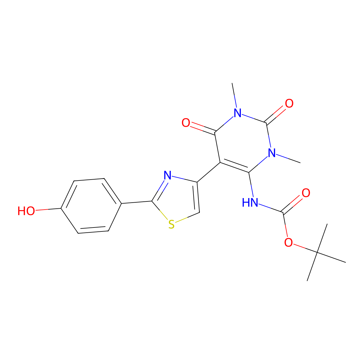 tert-butyl N-{5-[2-(4-hydroxyphenyl)-1,3-thiazol-4-yl]-1,3-dimethyl-2,6-dioxo-1,2,3,6-tetrahydropyrimidin-4-yl}carbamate molecular structure, CAS 2757872-42-5