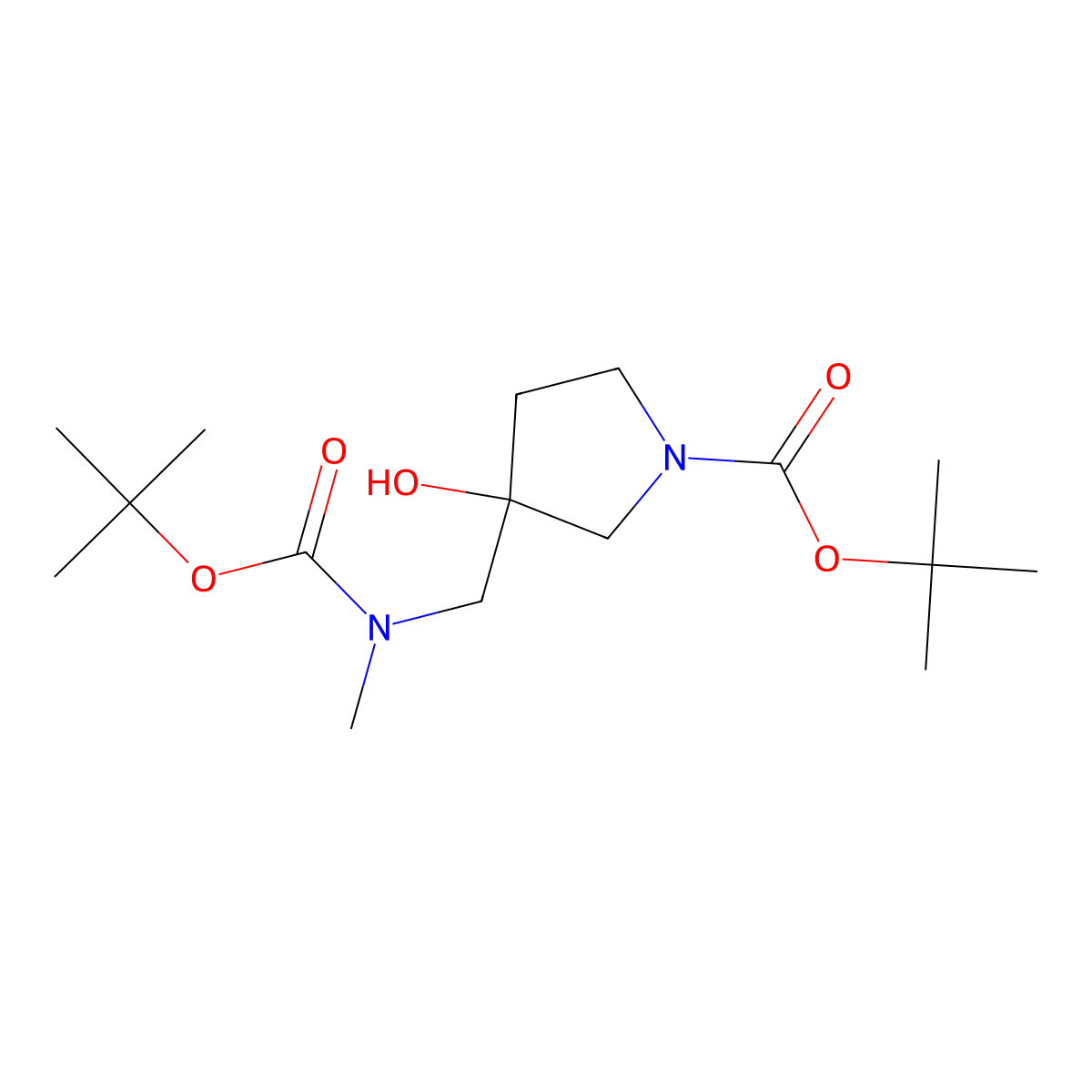Tert-butyl 3-({[(tert-butoxy)carbonyl](methyl)amino}methyl)-3-hydroxypyrrolidine-1-carboxylate molecular structure, CAS 2757874-38-5