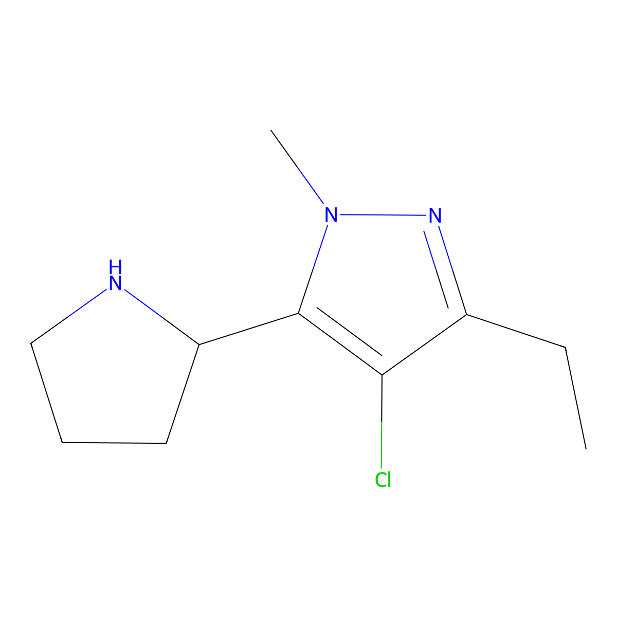 4-chloro-3-ethyl-1-methyl-5-(pyrrolidin-2-yl)-1H-pyrazole molecular structure, CAS 2757891-53-3