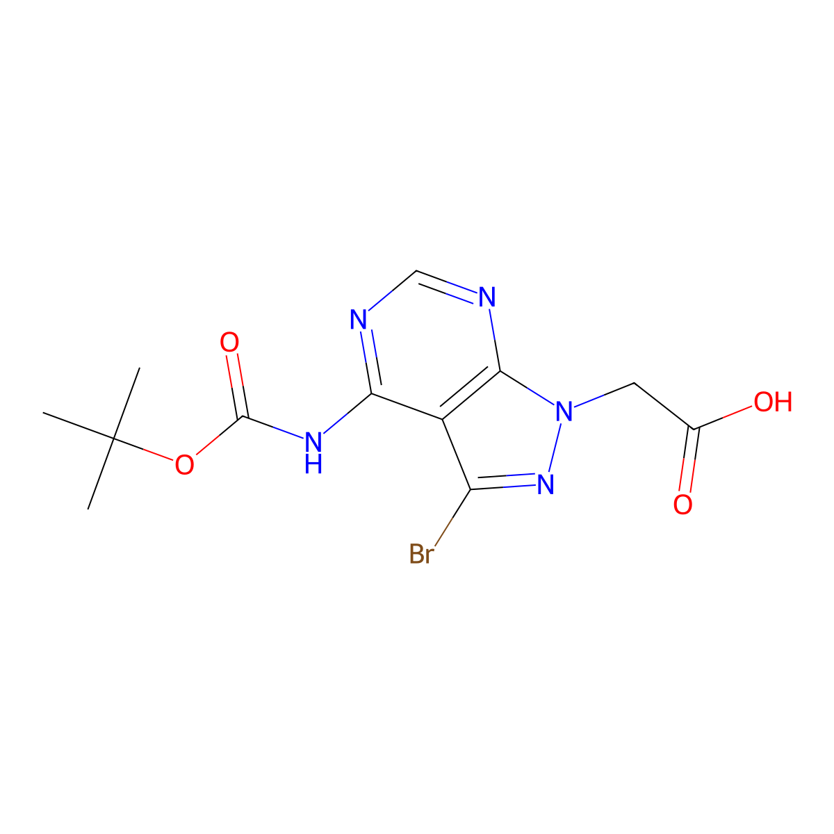 2-(3-bromo-4-{[(tert-butoxy)carbonyl]amino}-1H-pyrazolo[3,4-d]pyrimidin-1-yl)acetic acid molecular structure, CAS 2757894-63-4