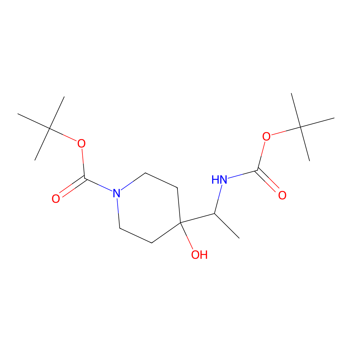 Tert-butyl 4-(1-{[(tert-butoxy)carbonyl]amino}ethyl)-4-hydroxypiperidine-1-carboxylate molecular structure, CAS 2757895-58-0