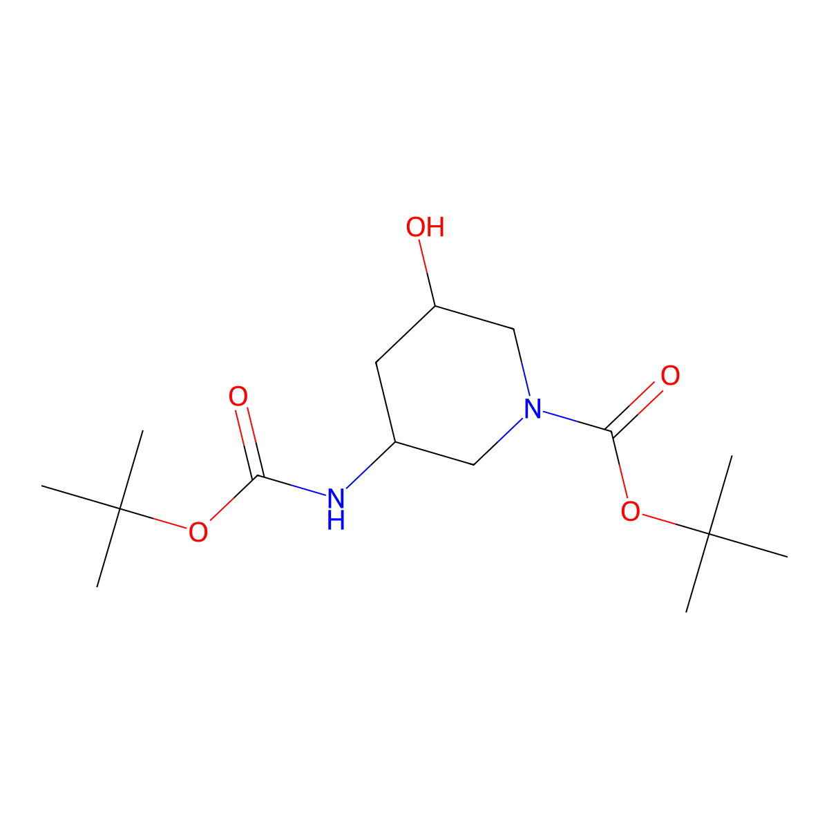 Tert-butyl 3-{[(tert-butoxy)carbonyl]amino}-5-hydroxypiperidine-1-carboxylate molecular structure, CAS 2757895-60-4