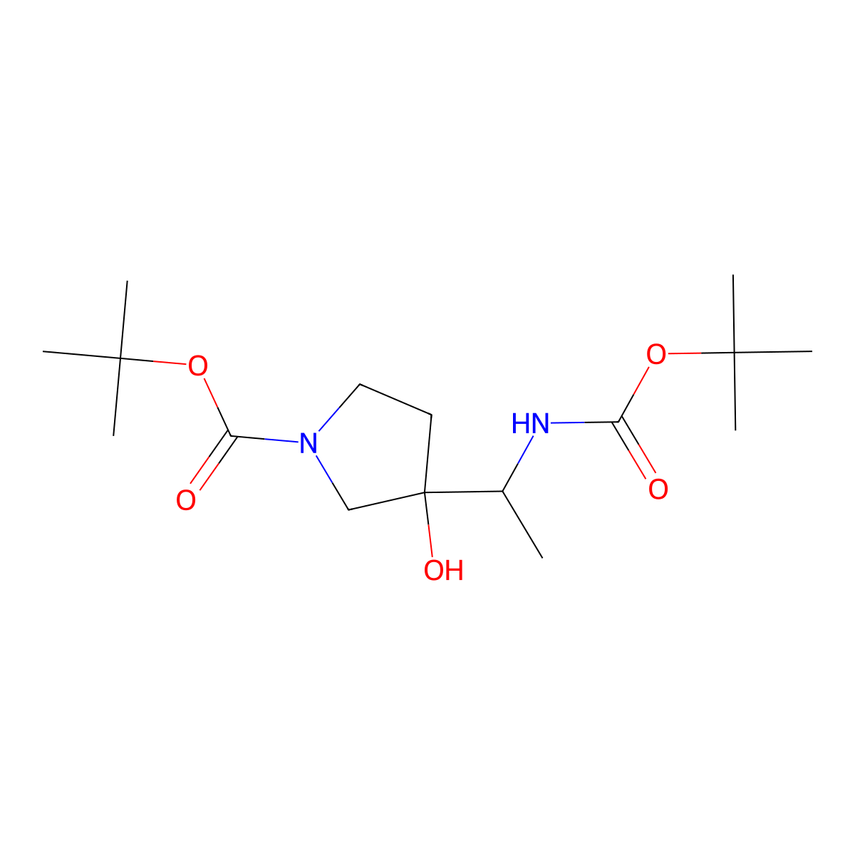 Tert-butyl 3-(1-{[(tert-butoxy)carbonyl]amino}ethyl)-3-hydroxypyrrolidine-1-carboxylate molecular structure, CAS 2757895-73-9