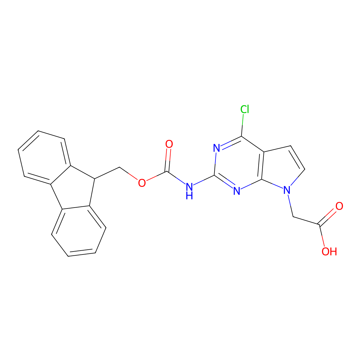 2-[4-chloro-2-({[(9H-fluoren-9-yl)methoxy]carbonyl}amino)-7H-pyrrolo[2,3-d]pyrimidin-7-yl]acetic acid molecular structure, CAS 2757901-01-0