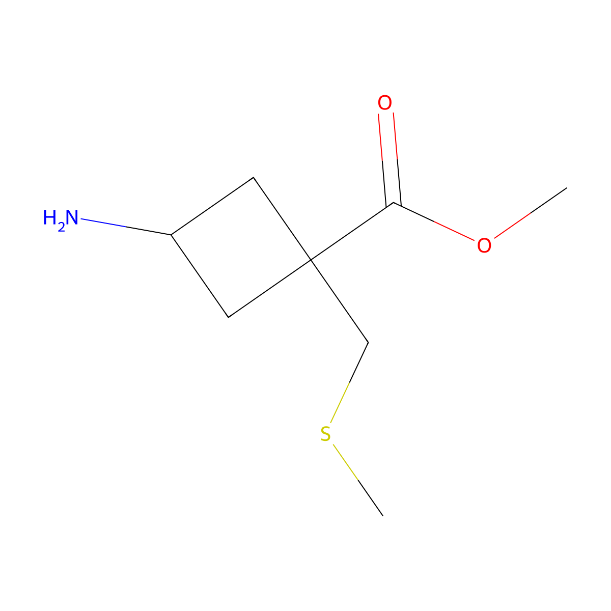Methyl 3-amino-1-[(methylsulfanyl)methyl]cyclobutane-1-carboxylate molecular structure, CAS 2757901-18-9