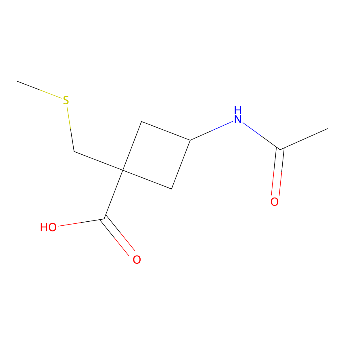 3-Acetamido-1-[(methylsulfanyl)methyl]cyclobutane-1-carboxylic acid molecular structure, CAS 2757901-34-9