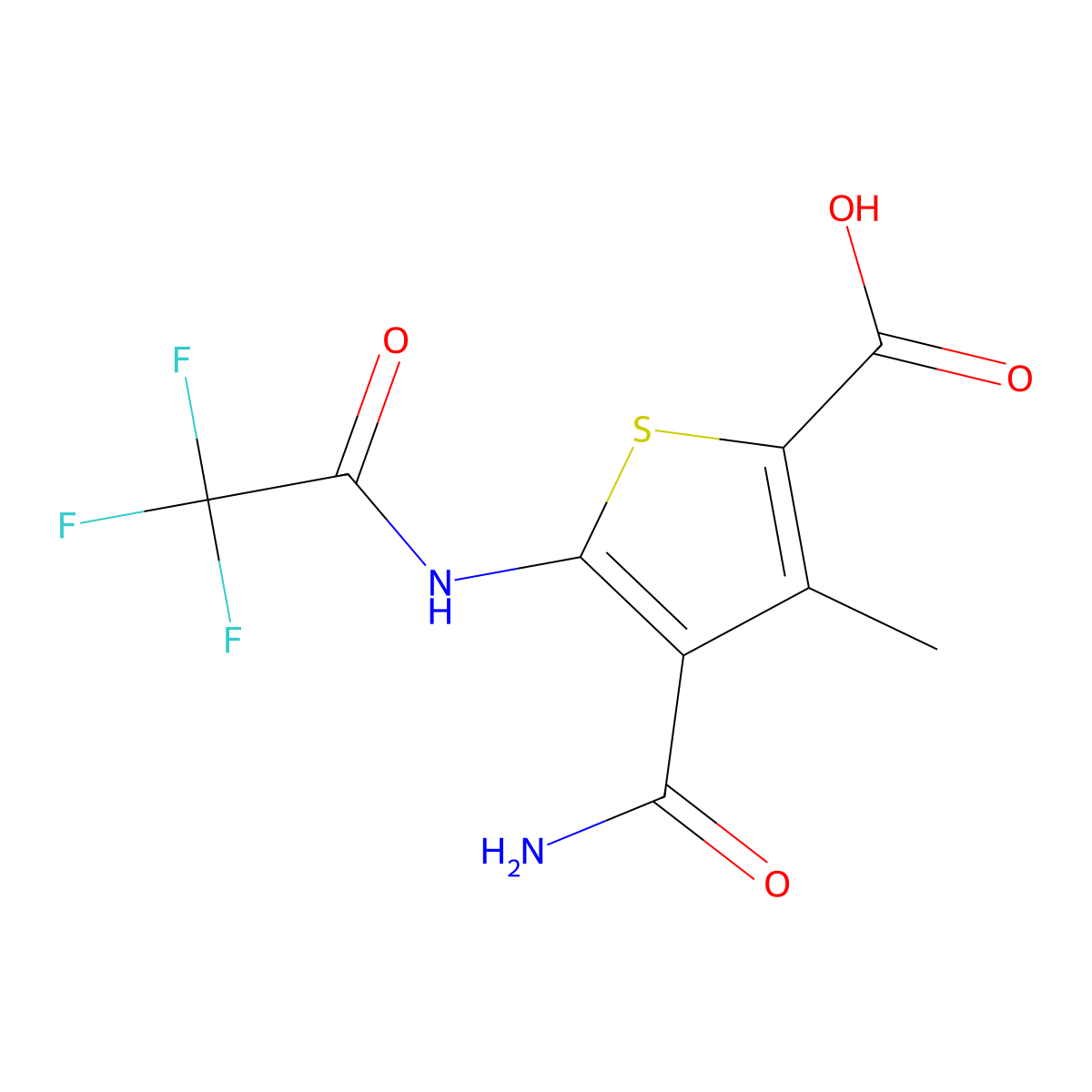 4-Carbamoyl-3-methyl-5-(2,2,2-trifluoroacetamido)thiophene-2-carboxylic acid molecular structure, CAS 2757904-92-8