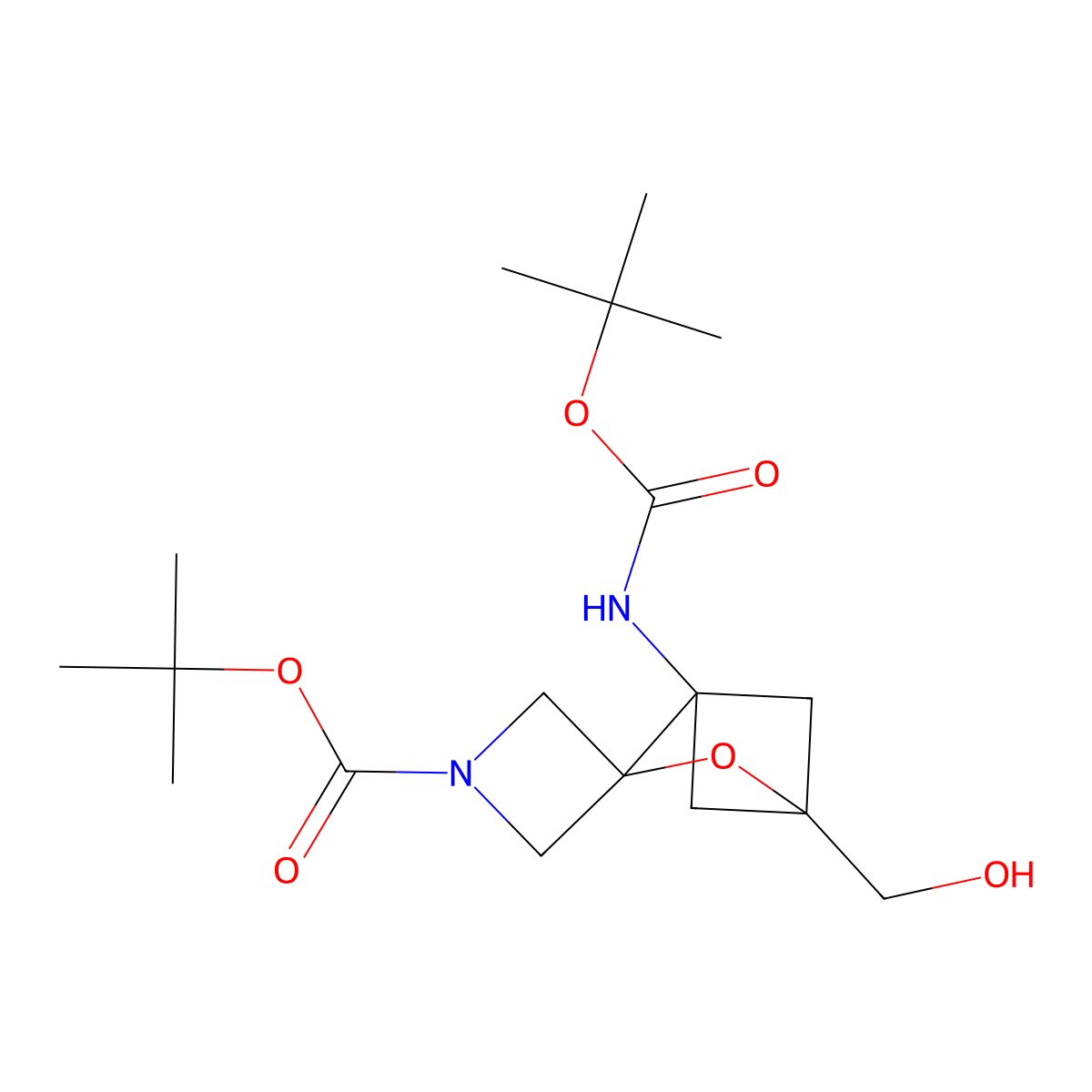 Tert-butyl 1'-{[(tert-butoxy)carbonyl]amino}-4'-(hydroxymethyl)-3'-oxaspiro[azetidine-3,2'-bicyclo[2.1.1]hexane]-1-carboxylate molecular structure, CAS 2757912-58-4