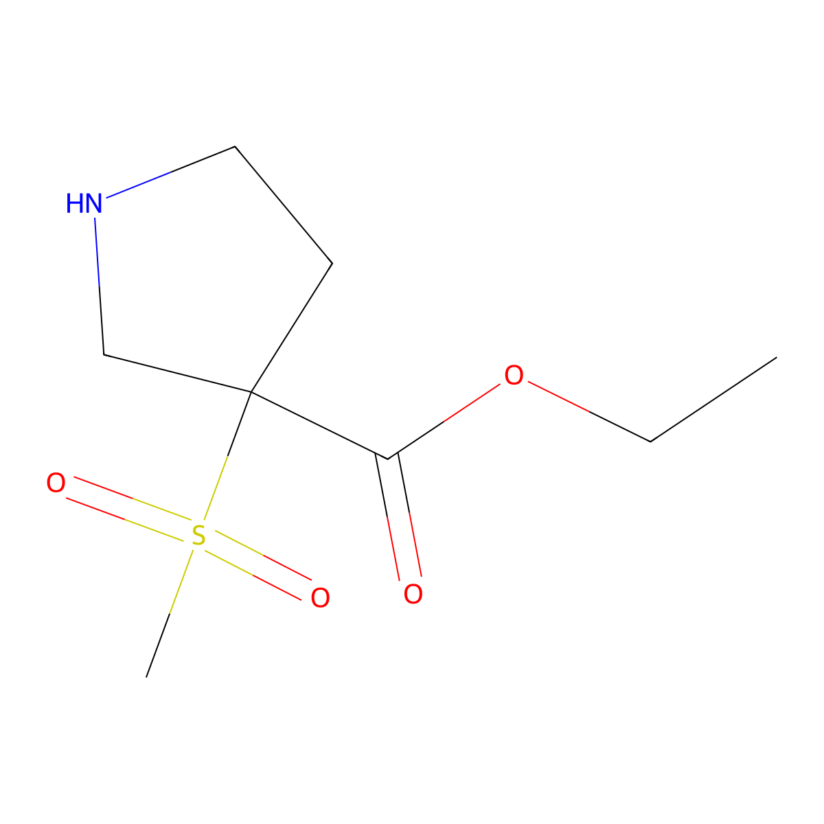 Ethyl 3-methanesulfonylpyrrolidine-3-carboxylate molecular structure, CAS 2757922-30-6