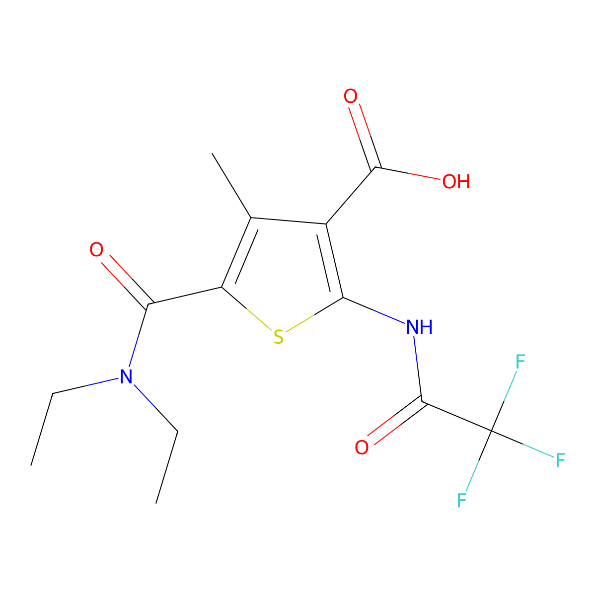 5-(Diethylcarbamoyl)-4-methyl-2-(2,2,2-trifluoroacetamido)thiophene-3-carboxylic acid molecular structure, CAS 2757922-33-9