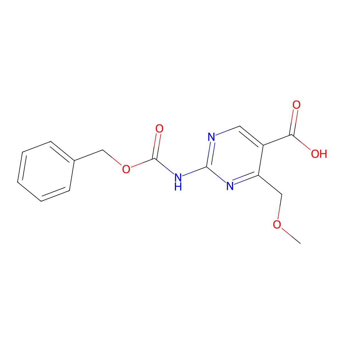 2-{[(Benzyloxy)carbonyl]amino}-4-(methoxymethyl)pyrimidine-5-carboxylic acid molecular structure, CAS 2757922-90-8