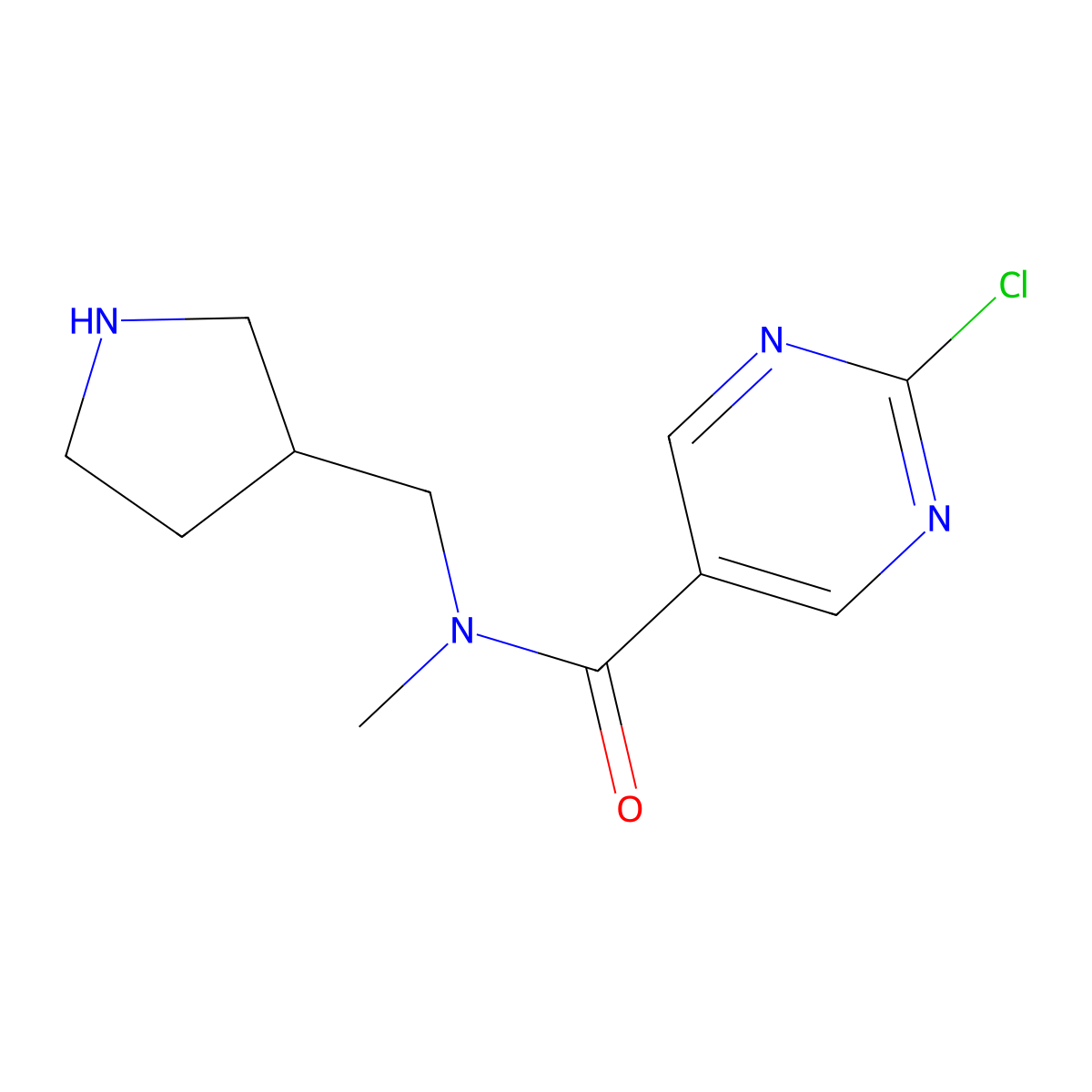 2-chloro-N-methyl-N-[(pyrrolidin-3-yl)methyl]pyrimidine-5-carboxamide molecular structure, CAS 2757924-54-0